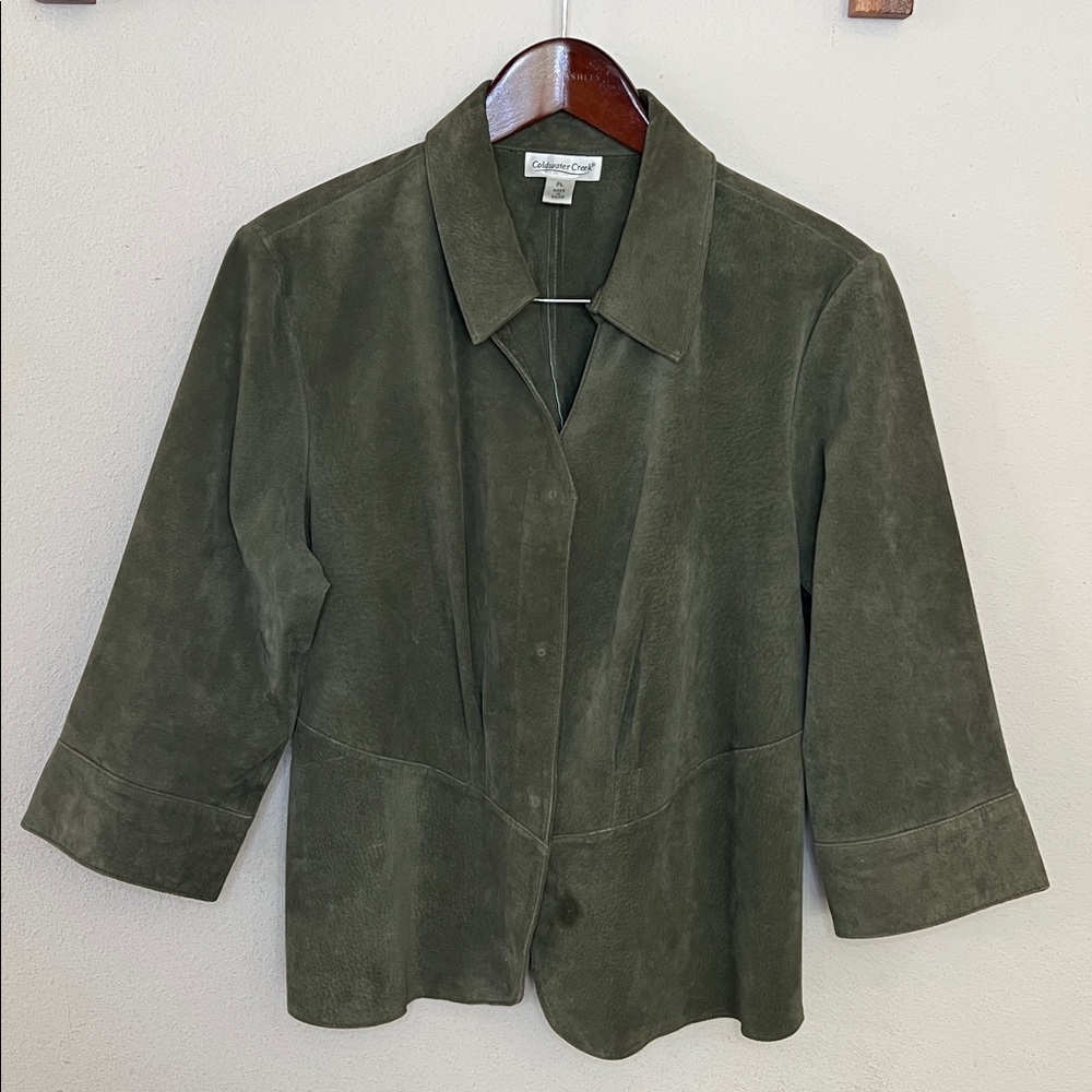 100% Leather Jacket Coldwater Creek Suede Olive Green Petite Large